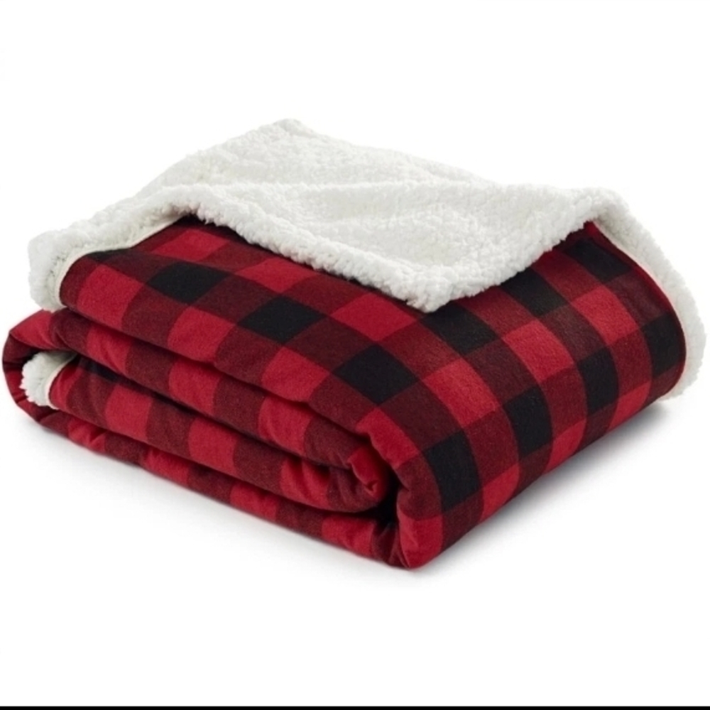 Eddie Bauer Red and Black Cabin Plaid Sherpa Reversible Throw Blanket